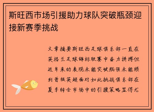 斯旺西市场引援助力球队突破瓶颈迎接新赛季挑战