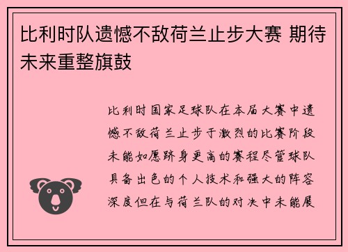比利时队遗憾不敌荷兰止步大赛 期待未来重整旗鼓