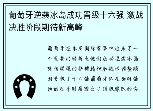 葡萄牙逆袭冰岛成功晋级十六强 激战决胜阶段期待新高峰