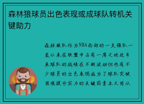 森林狼球员出色表现或成球队转机关键助力