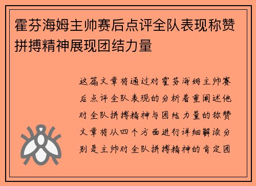 霍芬海姆主帅赛后点评全队表现称赞拼搏精神展现团结力量