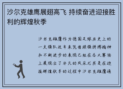 沙尔克雄鹰展翅高飞 持续奋进迎接胜利的辉煌秋季